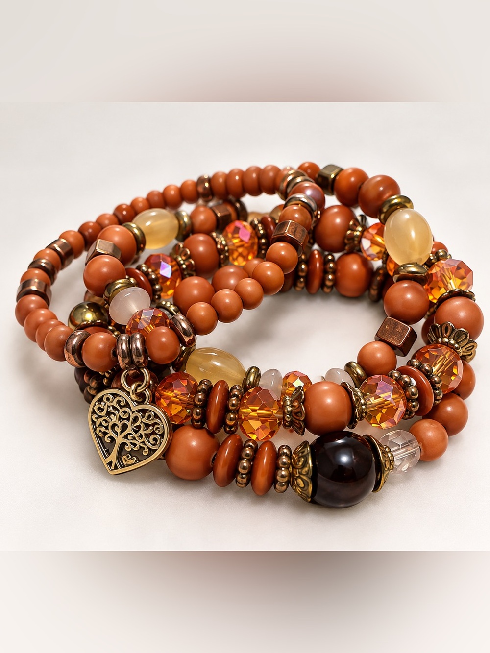 Handmade Brown and Amber Beaded Wrap Bracelet with Heart Charm